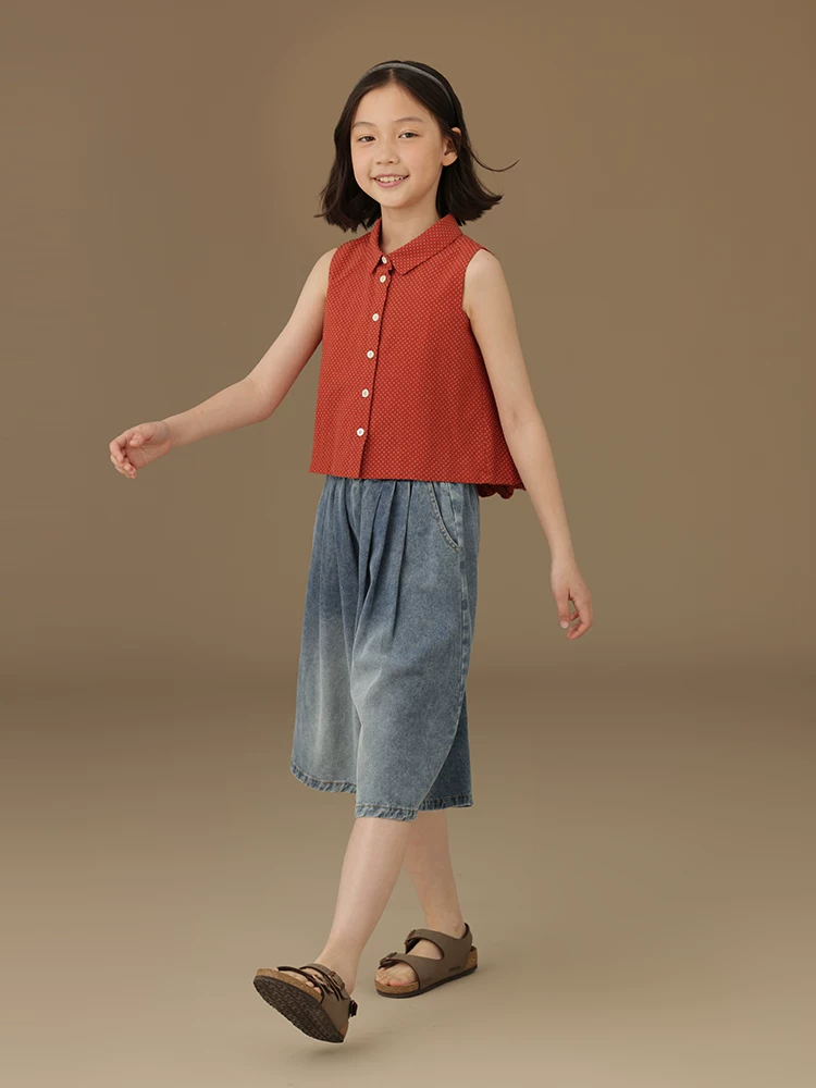 Áo sơ mi nữ chấm bi màu đỏ phong cách Trung Quốc mới đa năng và dễ thương áo vest trẻ em mùa hè cotton mỏng