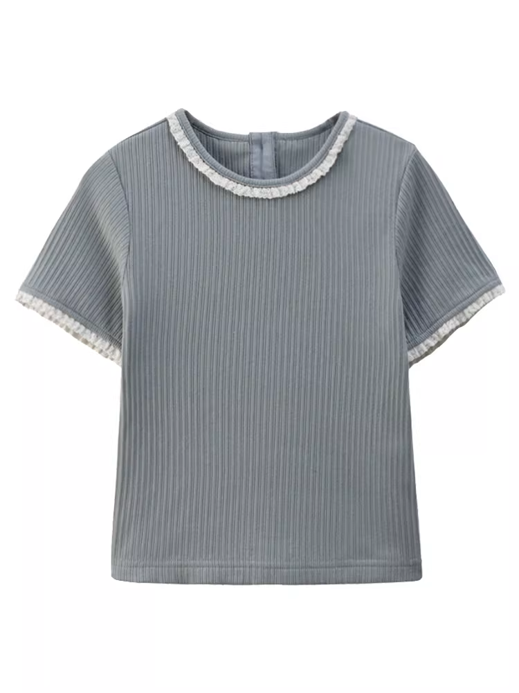 Áo dệt kim mùa hè cho bé gái, áo thun ngắn tay ôm dáng đa năng cho trẻ lớn, trang phục mùa hè sành điệu.