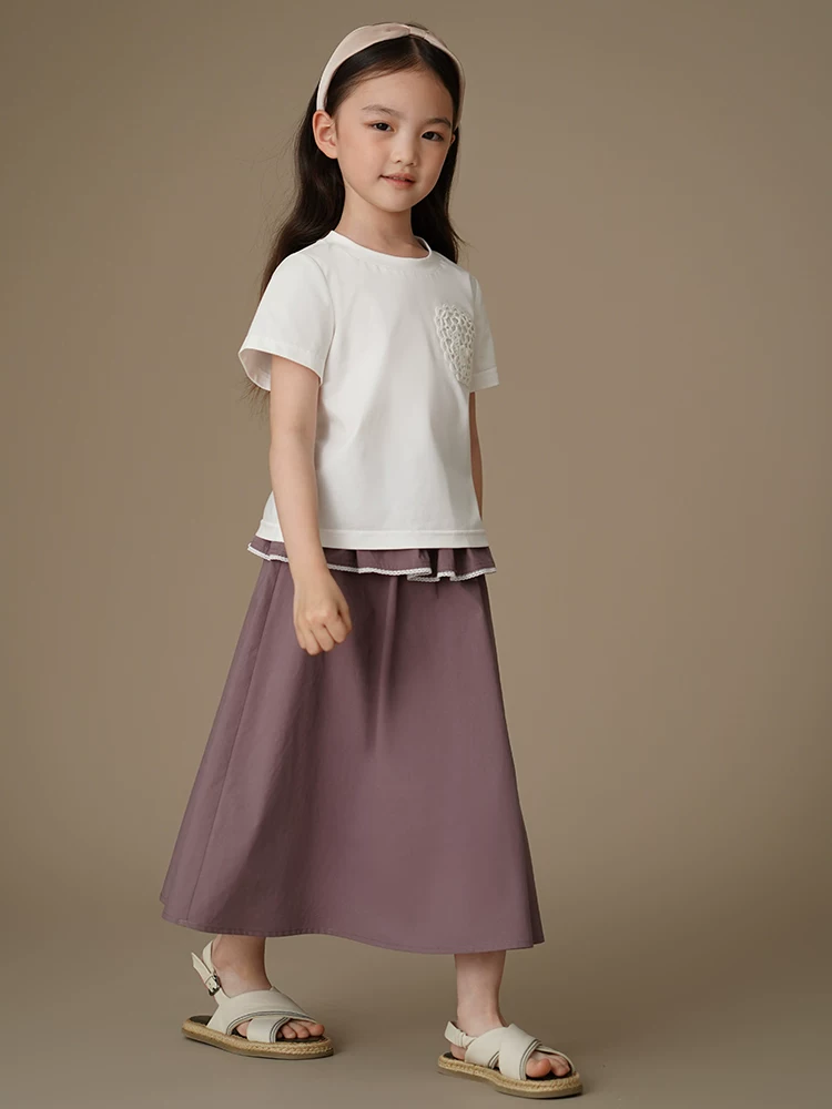 Quần áo trẻ em mùa hè váy tím phong cách Hàn Quốc váy dài màu tím giản dị cho bé gái lớn váy bánh ngọt cotton