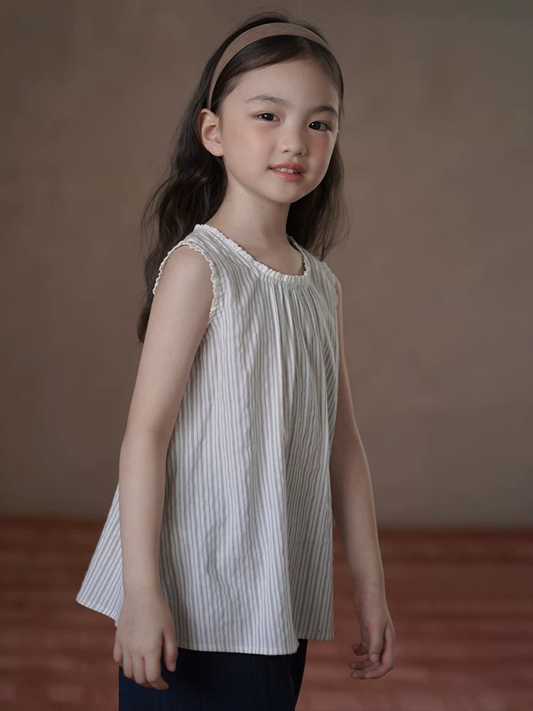 Quần áo trẻ em mùa hè Áo ba lỗ sọc phong cách Hàn Quốc cho bé gái Áo sơ mi không tay Áo lót bé gái cotton nguyên chất thân thiện với làn da