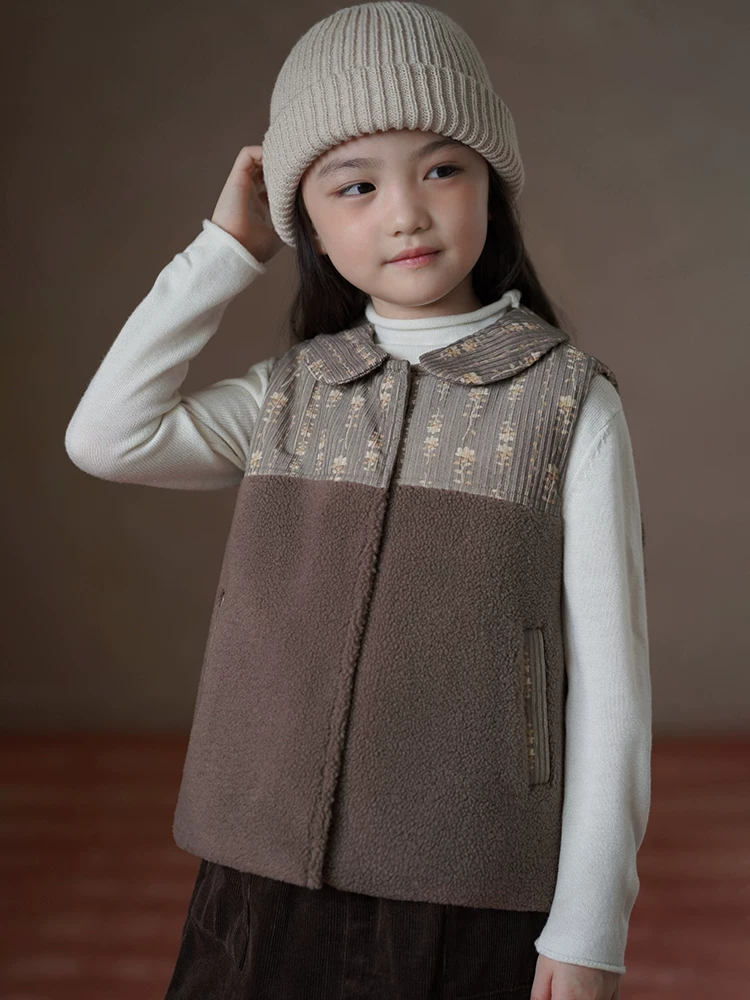 Quần áo trẻ em mùa thu đông áo bé gái phối chất liệu giả lông cừu cotton áo khoác bé gái áo ghi lê nhung tăm 25 mùa đông giữ ấm