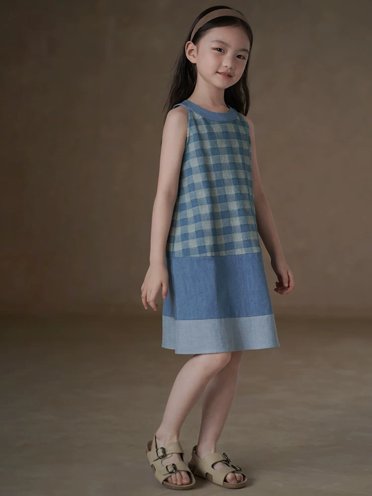 Quần áo trẻ em Hazi Váy ba lỗ mùa hè cho trẻ em Váy kẻ sọc cotton Váy denim cho bé gái Váy dài vừa cổ điển cho bé gái