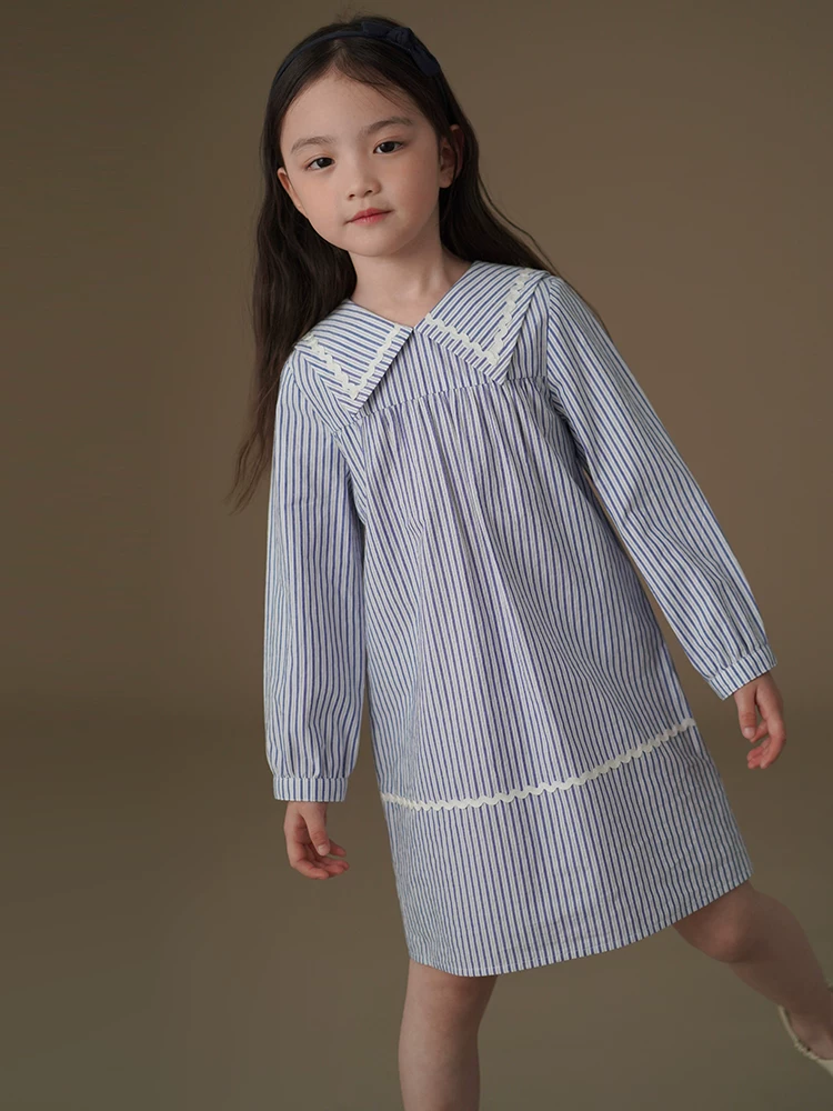 Quần áo trẻ em Hazi Mùa xuân Váy sọc xanh mới Váy cotton thân thiện với da Phong cách đại học Váy dài tay cho bé gái