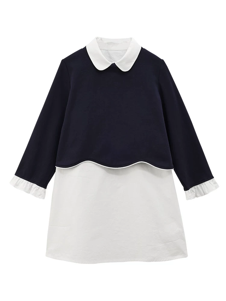Bộ quần áo trẻ em xuân thu đơn giản, áo sweatshirt màu xanh hải quân, chân váy trắng, chất liệu cotton thân thiện với da, trang phục mùa thu cho bé gái