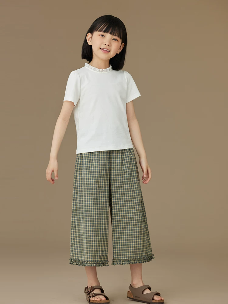 Bộ quần áo trẻ em hai mảnh mùa xuân hè, họa tiết kẻ ô xanh đồng quê, áo ba lỗ, quần dài, trang phục mùa hè cho bé gái
