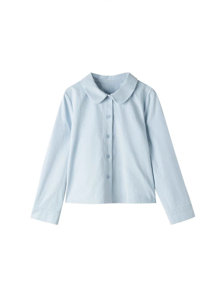 Quần áo trẻ em mùa xuân thu áo sơ mi dài tay màu xanh cotton thân thiện với da cổ búp bê áo sơ mi bé gái phong cách cha mẹ và con cái