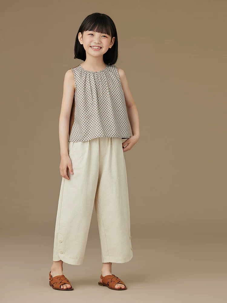 Quần áo trẻ em mùa xuân hè vải lanh cotton dáng rộng thẳng quần âu bé trai bé gái quần lửng cho trẻ lớn mùa thu
