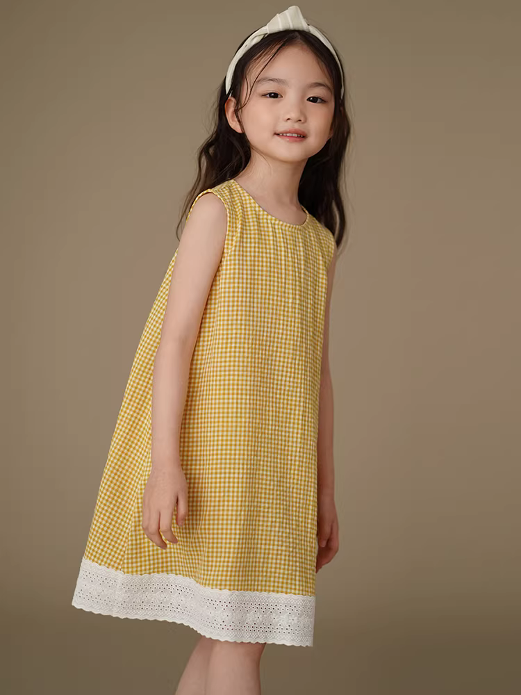 Quần áo trẻ em váy vest kẻ sọc vàng váy chắp vá bé gái váy dài vừa phải váy mùa hè bé gái 25 kiểu mới