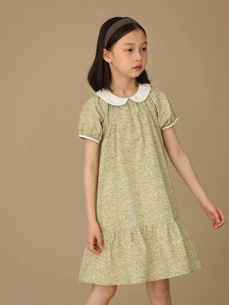 Váy mùa hè cho trẻ em với màu sắc tương phản ngọt ngào, cổ búp bê, in hoa, váy ngắn tay giản dị dành cho bé gái.