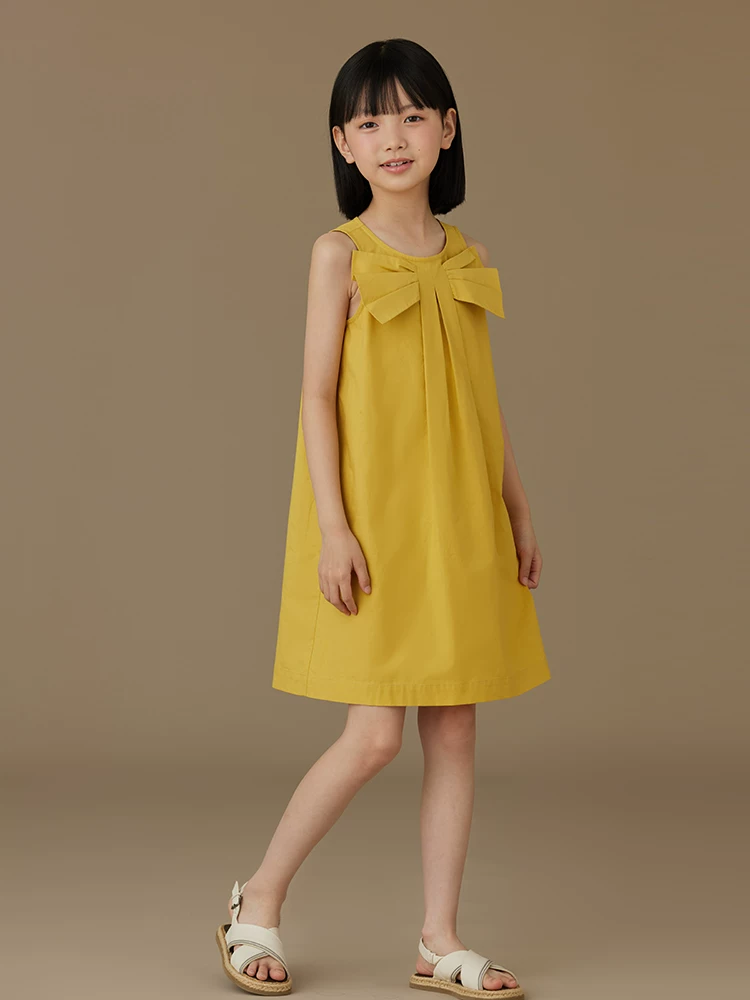 Quần áo trẻ em Hazi Váy trẻ em bằng cotton thân thiện với da Váy mỏng mùa hè Váy ba lỗ màu vàng gừng dành cho bé gái có thiết kế hợp thời trang