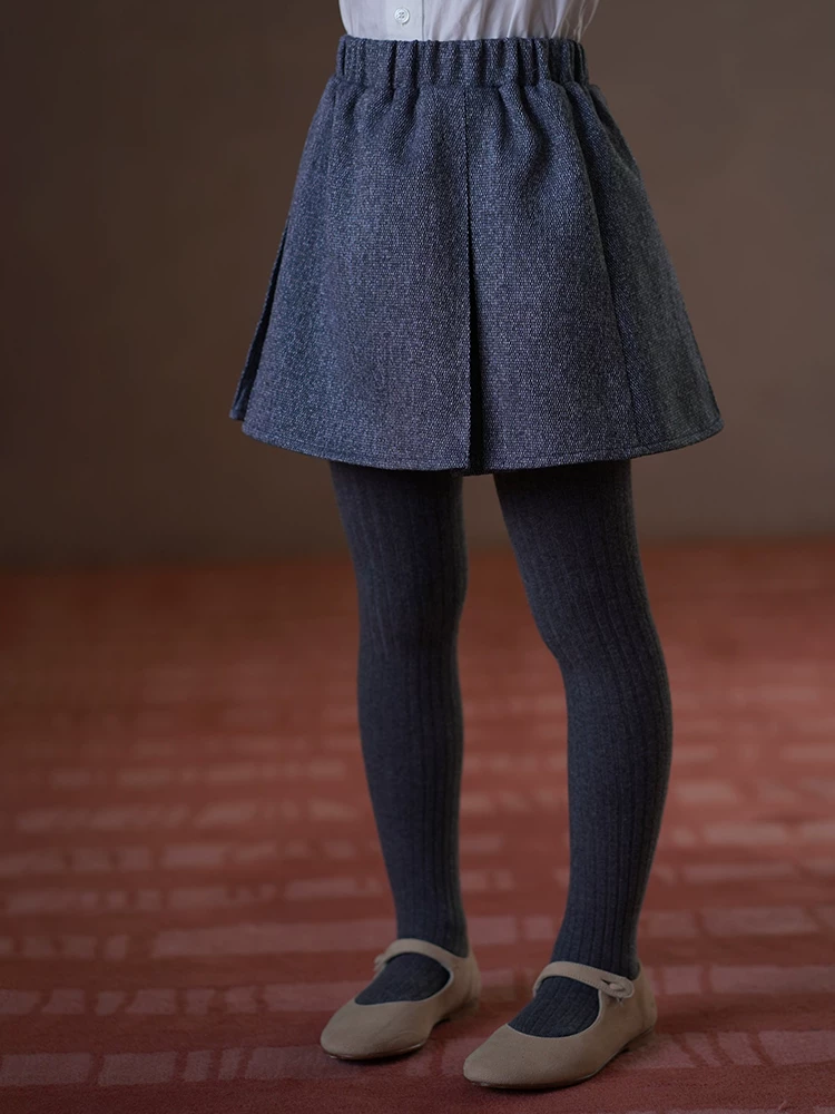 Váy bé gái mùa thu kiểu mới màu xám chất liệu tweed, kiểu dáng chữ A, xếp ly đơn giản