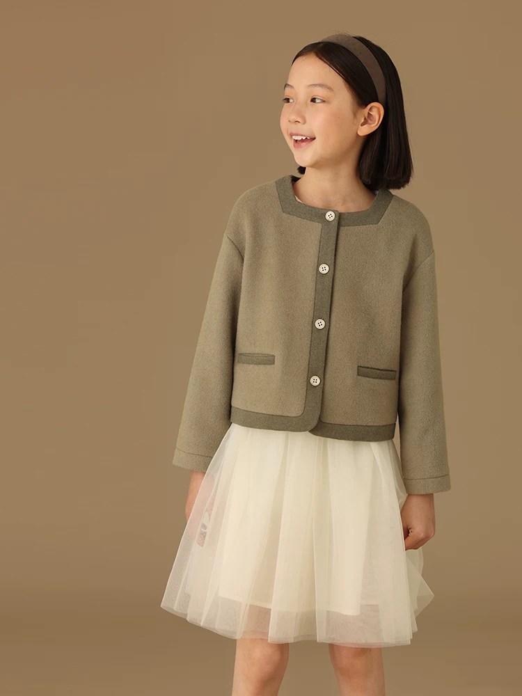 Áo khoác tweed cao cấp kiểu Pháp dành cho trẻ em, cổ vuông phối màu tương phản dành cho bé gái, áo khoác len ngắn cho mùa xuân và mùa thu.