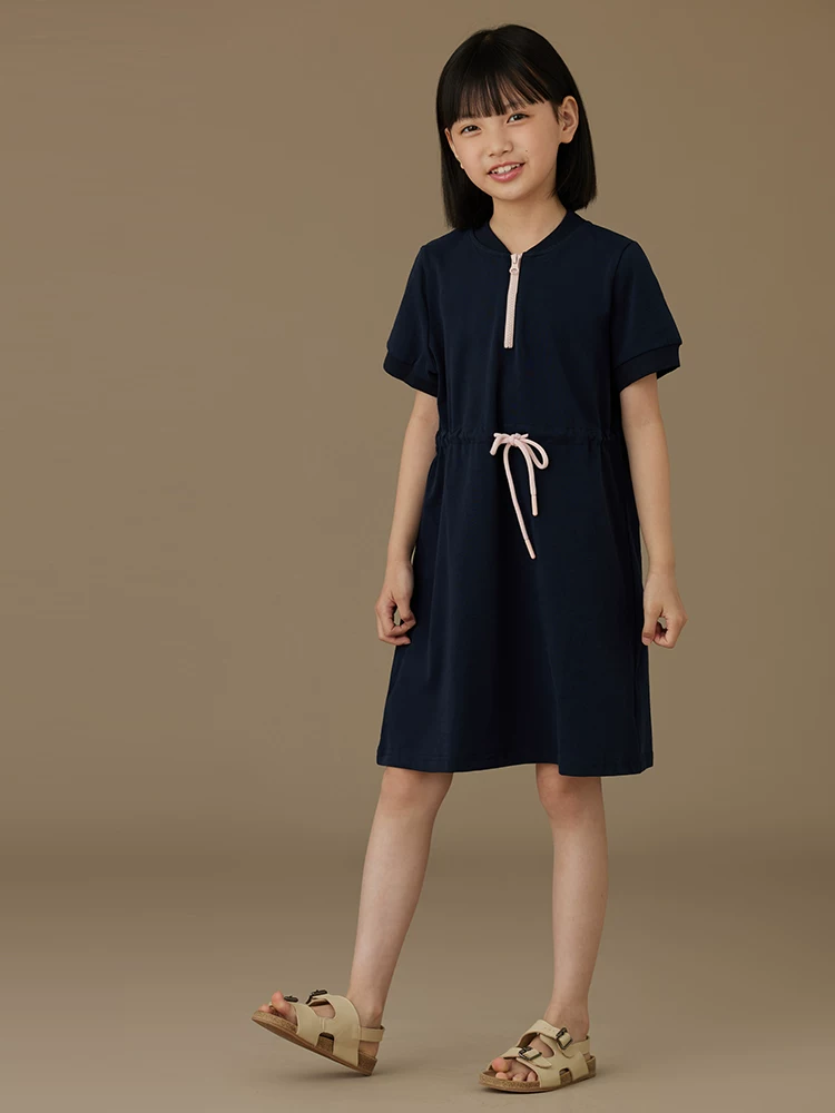 Váy mùa hè màu xanh hải quân cho trẻ em, váy ngắn tay đơn giản bằng cotton cho bé gái, kiểu dáng mỏng nhẹ cho bé gái