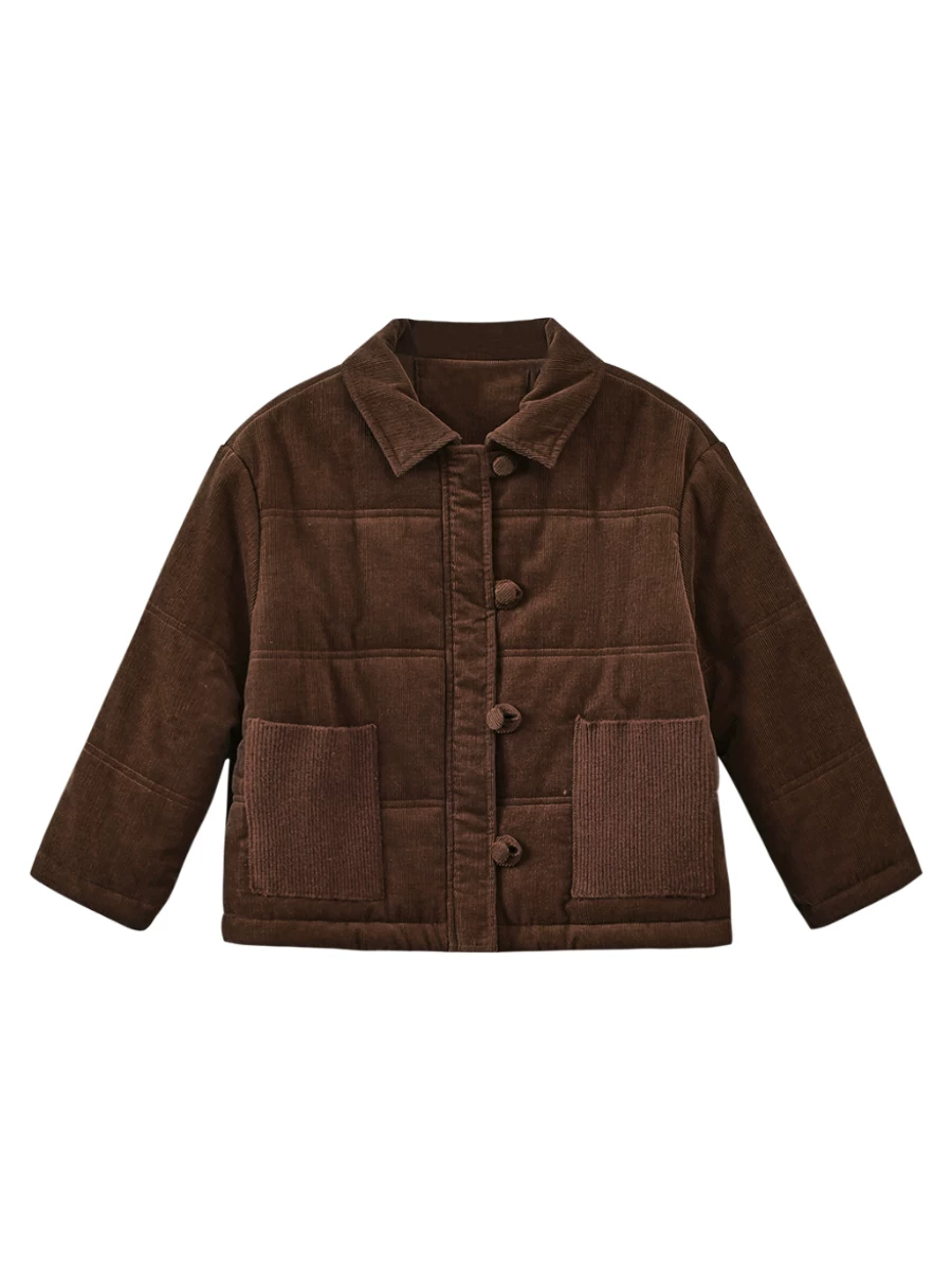 Áo khoác cotton nhung mùa đông cho bé trai và bé gái, kiểu ngắn, dày dặn và ấm áp, màu cà phê.