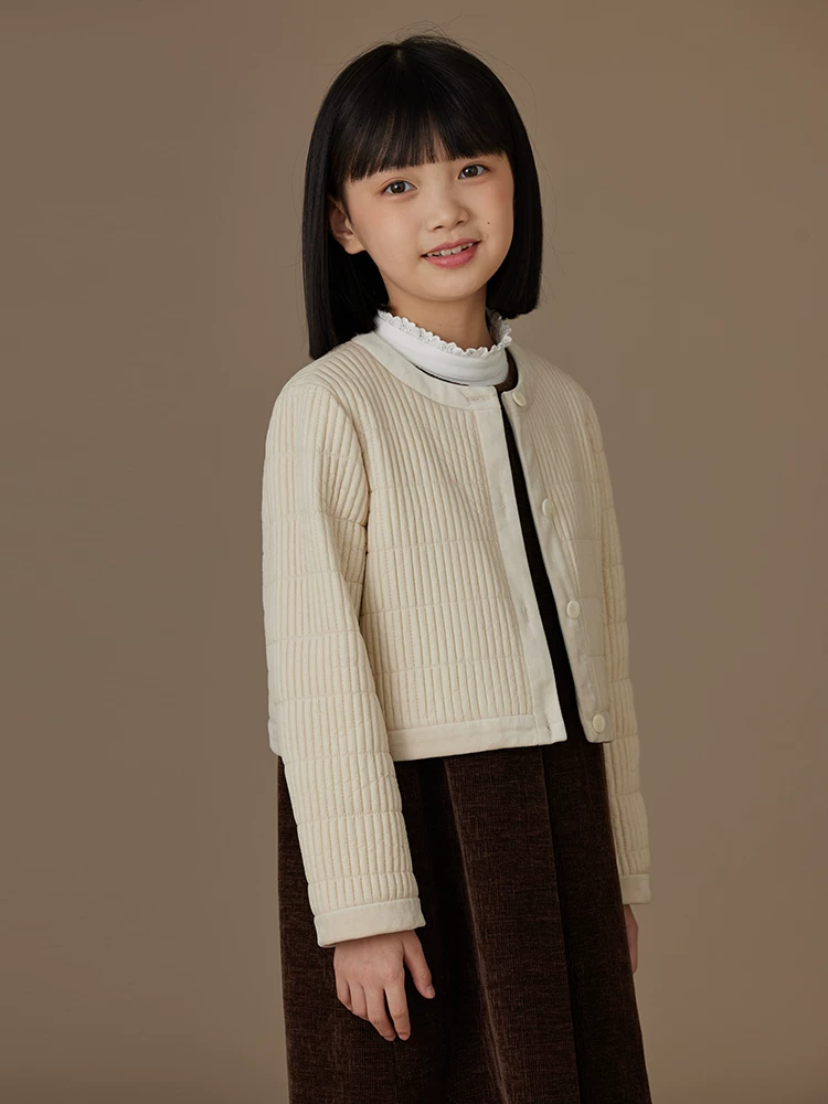 Quần áo trẻ em cho mùa thu đông, áo khoác độn bông, áo sọc đơn giản, áo khoác cotton màu mơ cho bé gái lớn hơn.