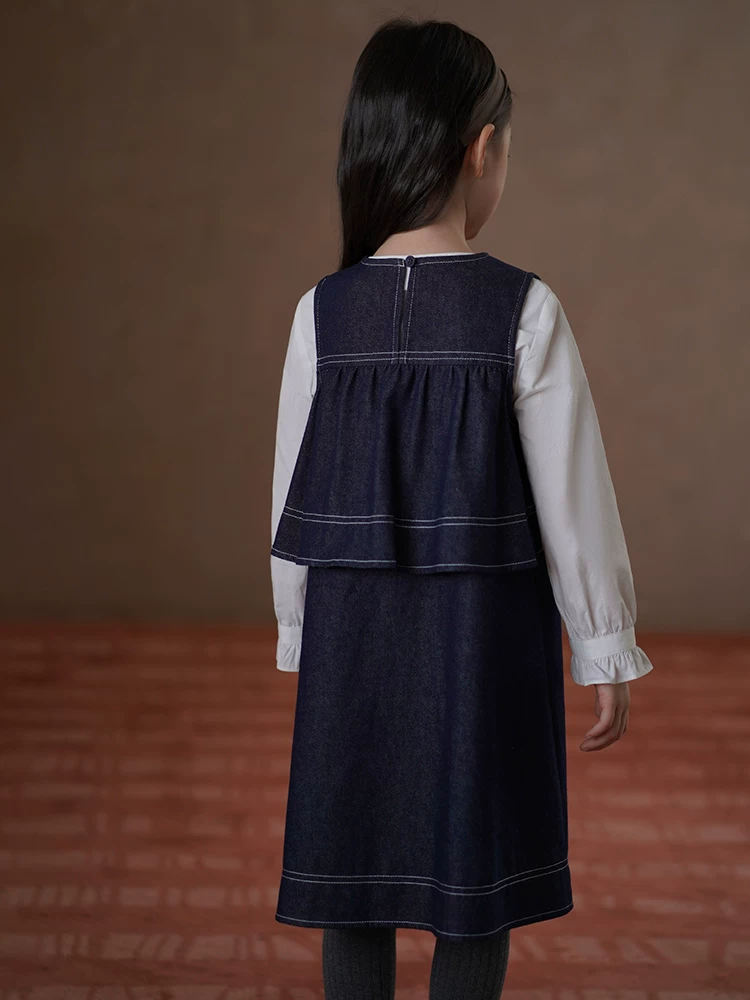 Quần áo trẻ em mùa xuân thu váy trẻ em dài vừa phải váy hai dây phong cách Nhật Bản váy denim giả hai mảnh cho bé gái thường ngày đa năng