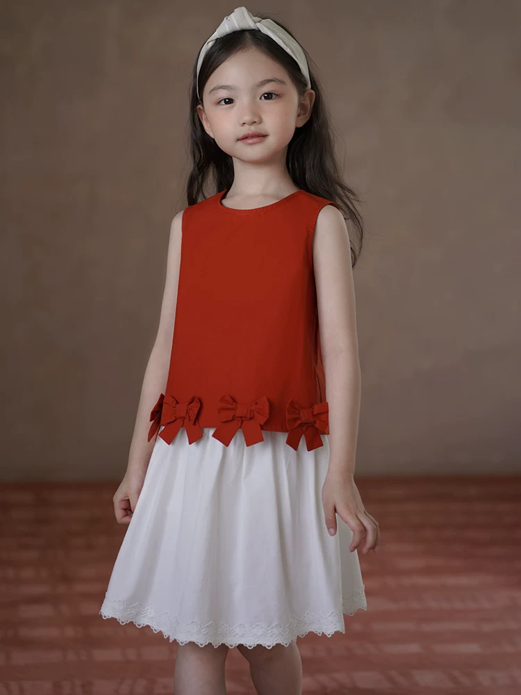 Áo thun không tay cho bé gái, chất liệu cotton mềm mại, màu đỏ, kiểu dáng dễ thương với nơ, thích hợp mặc mùa hè