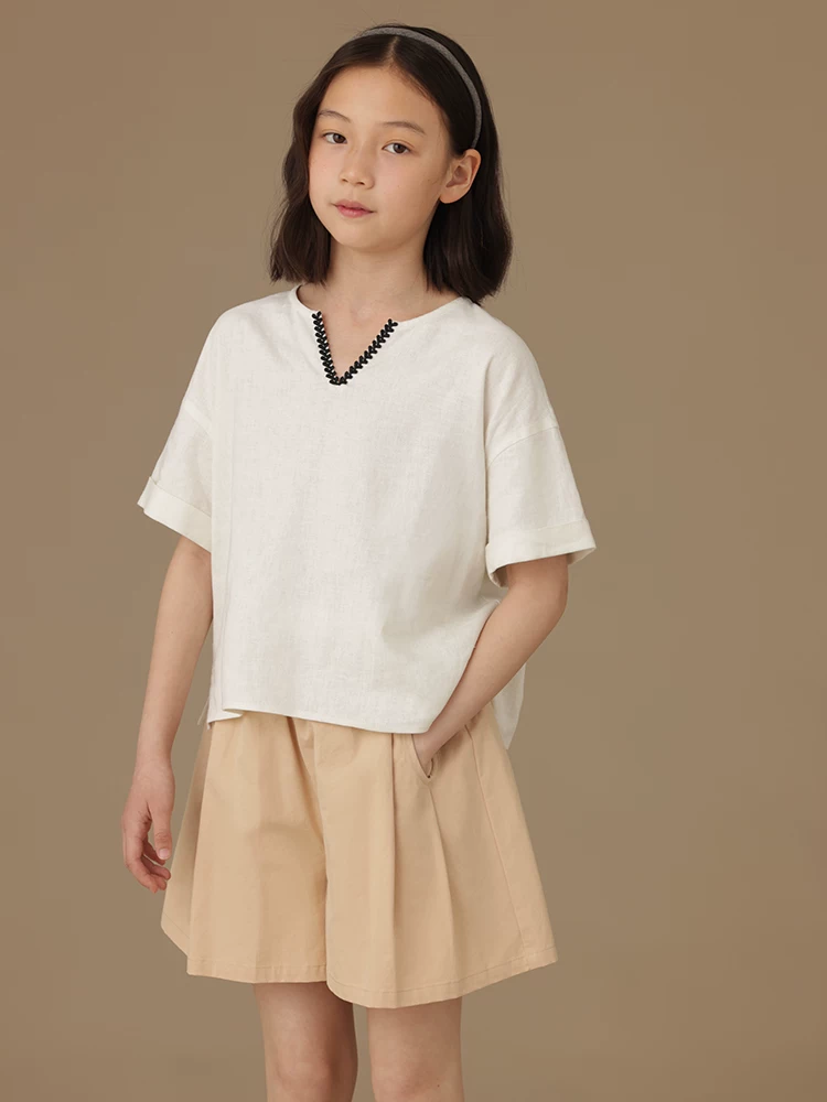 Quần ống rộng màu kaki thông thường dành cho trẻ em, quần short năm điểm rộng rãi bằng vải cotton dành cho bé gái, quần short mỏng mùa hè dành cho trẻ lớn.