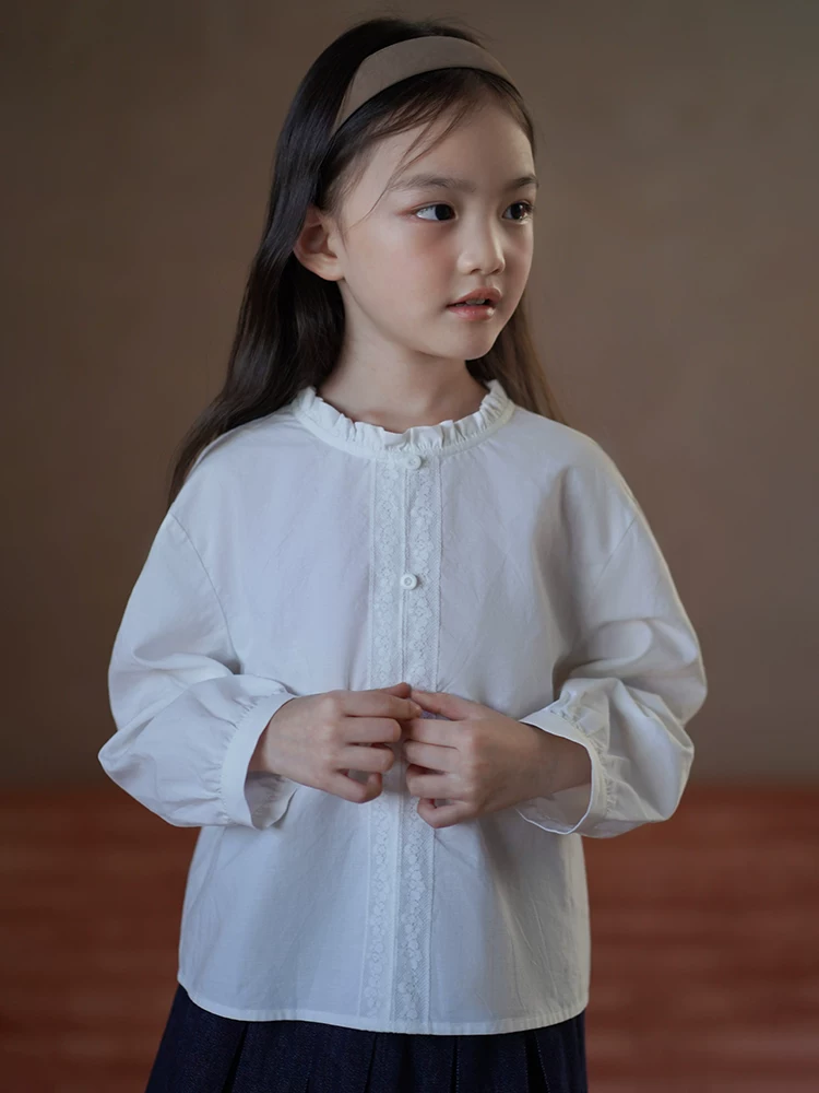 Quần áo trẻ em mùa xuân thu áo dài tay kiểu Pháp nghệ thuật áo sơ mi trắng bé gái áo sơ mi trắng trẻ lớn mùa thu kiểu mới
