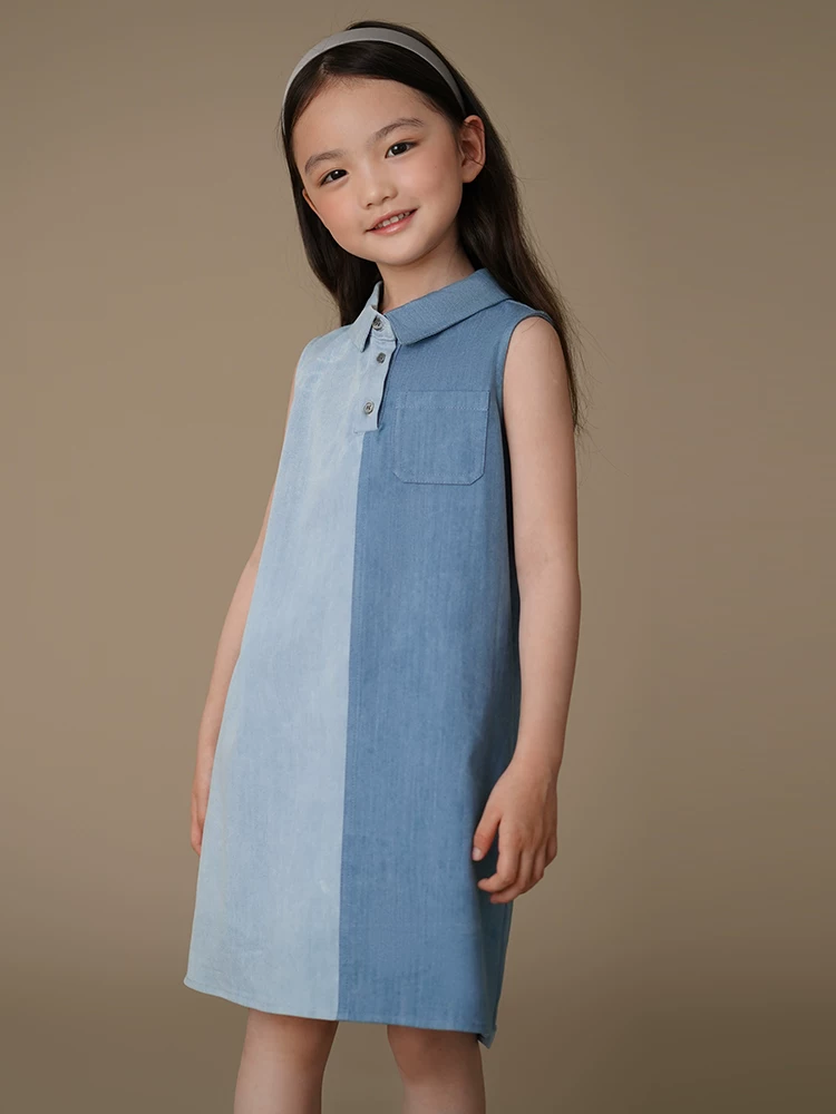 Váy liền thân mùa hè kiểu Hàn Quốc cho bé gái, thiết kế thời trang, chất liệu denim phối màu.