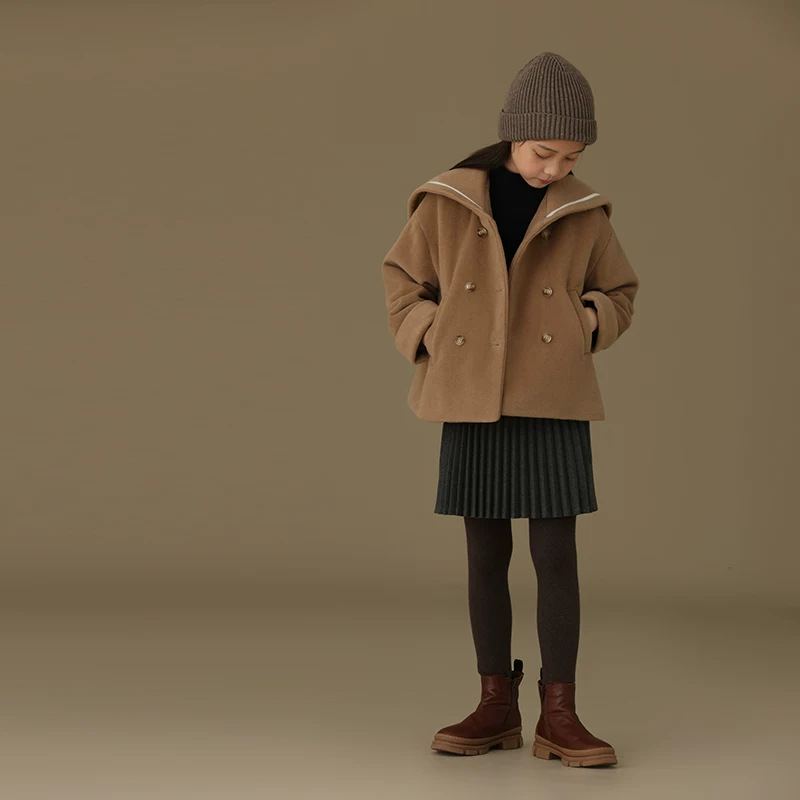 Áo khoác len mùa đông cho trẻ em, dày dặn và ấm áp, áo khoác len cho bé gái, áo khoác ngắn phong cách preppy cho trẻ lớn.