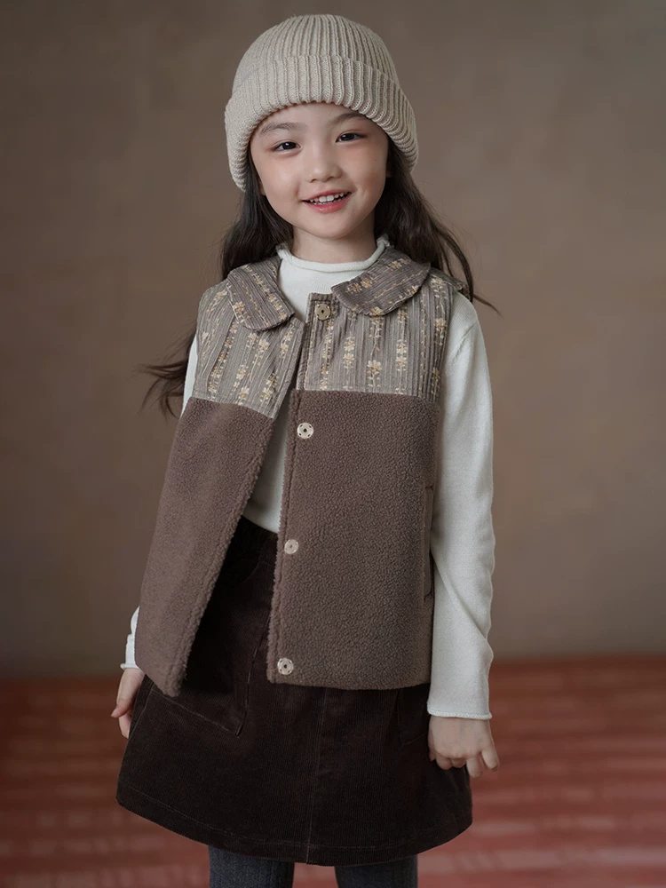 Quần áo trẻ em mùa thu đông áo bé gái phối chất liệu giả lông cừu cotton áo khoác bé gái áo ghi lê nhung tăm 25 mùa đông giữ ấm