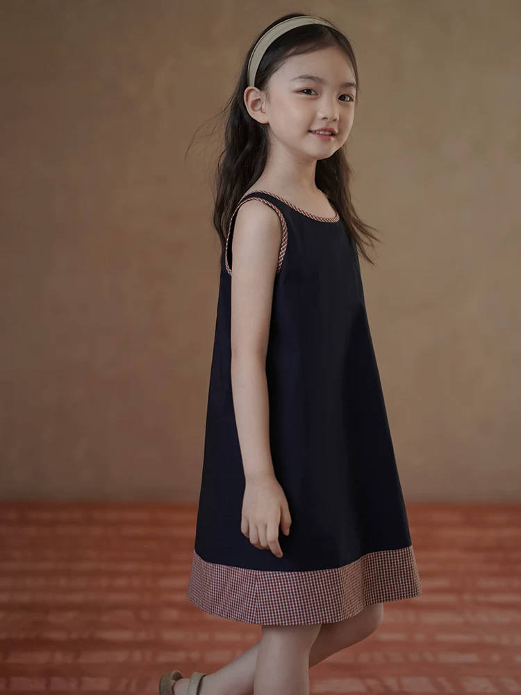 Quần áo trẻ em váy vest mùa hè váy màu xanh hải quân váy bé gái váy mỏng mùa hè đơn giản cao cấp