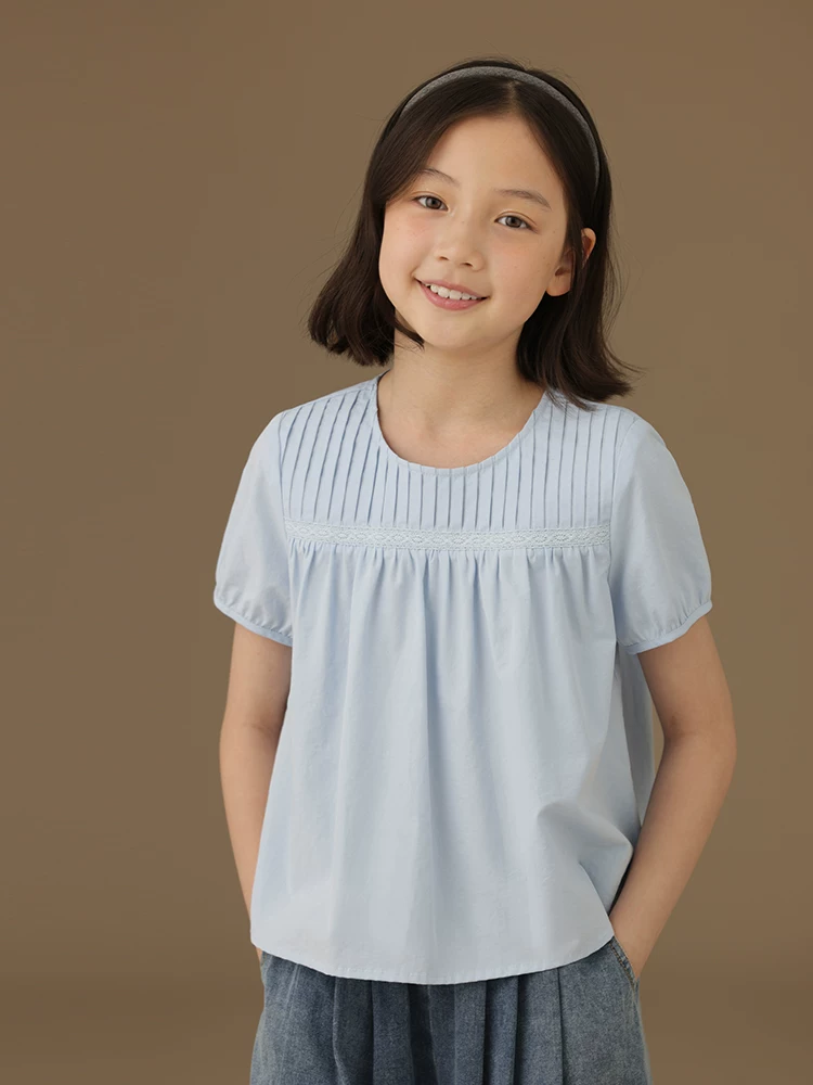 Hazi Quần Áo Trẻ Em Xanh Nhạt Cho Bé Top Mỏng Dễ Thương Tay Phồng Áo Sơ Mi Trẻ Em Nữ Tay Ngắn Áo Sơ Mi Búp Bê Mùa Hè