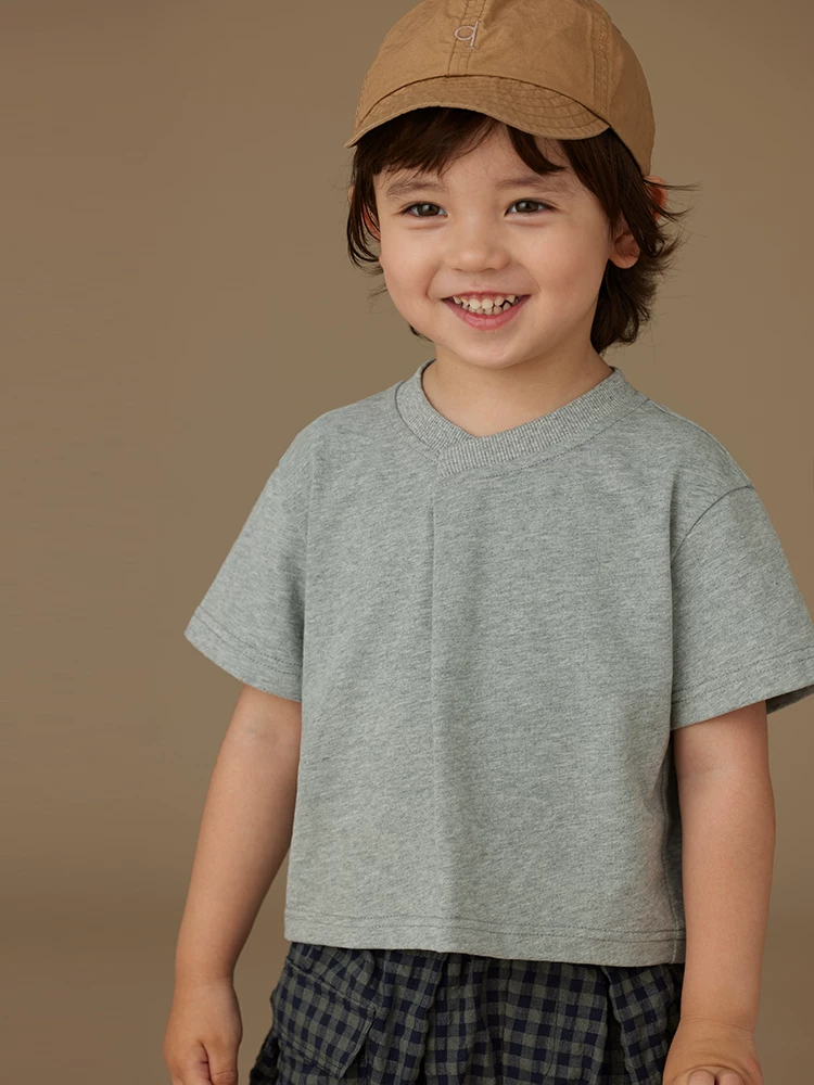 Áo thun ngắn tay mùa hè cho trẻ em, áo thun cotton mỏng cổ tròn màu xám thông thường đa năng dành cho bé trai và bé gái