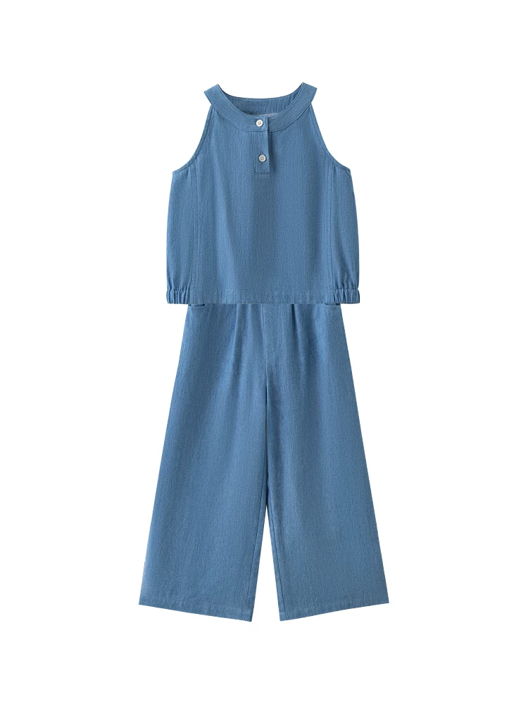 Quần áo trẻ em cho bé gái: áo vest không tay, quần dài đơn giản, đa năng, bộ denim cho trẻ em, kiểu dáng mỏng nhẹ mùa hè.