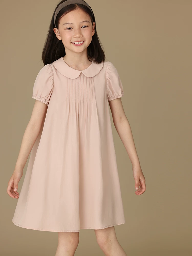 Mùa hè màu hồng ngọt ngào phong cách tươi mới cổ búp bê váy công chúa trẻ em váy ngắn tay dành cho cha mẹ và con gái