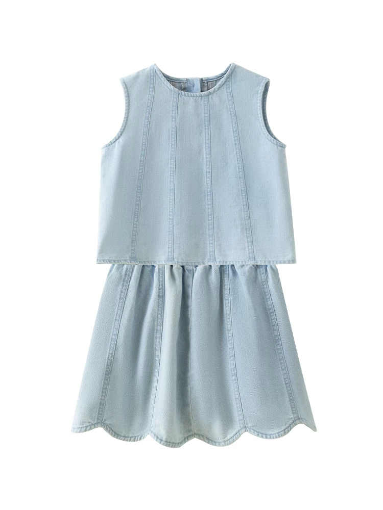 Quần áo trẻ em váy denim thoáng khí thân thiện với làn da trang phục mùa hè cho bé gái lớn hơn