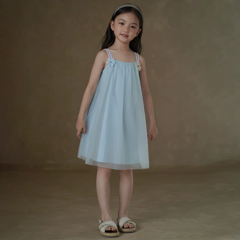 Quần áo trẻ em váy mùa hè váy vải tuyn màu xanh như cổ tích váy có dây đeo cho bé gái váy cơ bản cho bé gái dài vừa phải