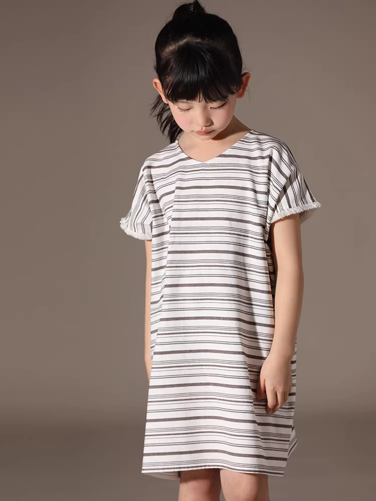 Quần áo trẻ em Ha Chi mùa hè chất liệu cotton chải kỹ cao cấp sọc kẻ kiểu dáng mẹ và bé tay bèo váy chữ A váy bé gái