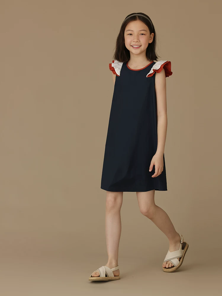 Quần áo trẻ em Váy vest phối màu xanh hải quân có tay áo nhỏ, váy trẻ em dễ thương và tôn dáng, váy mùa hè cho bé gái