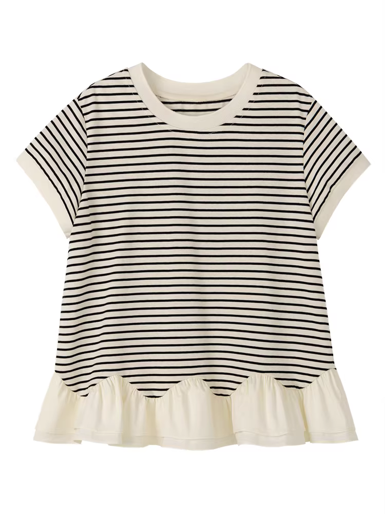 Quần áo mùa hè cho trẻ em Áo thun sọc cổ tròn dáng rộng tay ngắn kiểu dáng mỏng mùa hè hoàn toàn bằng vải cotton dành cho bé gái