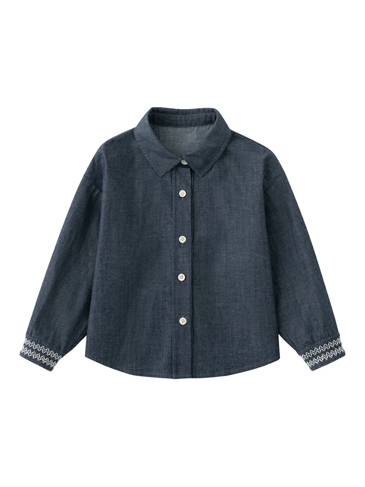 Áo sơ mi denim kiểu Nhật cho bé gái, mùa xuân thu, dáng rộng, phong cách thường ngày, trang phục mùa xuân cho bé gái, kiểu mới 2025