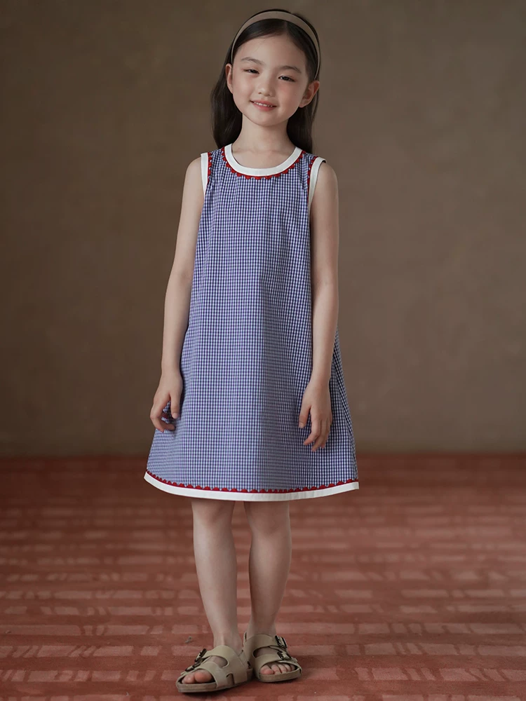 Váy liền thân bé gái mùa hè chất liệu cotton mỏng thoáng mát kiểu dáng cổ điển kẻ caro phối màu