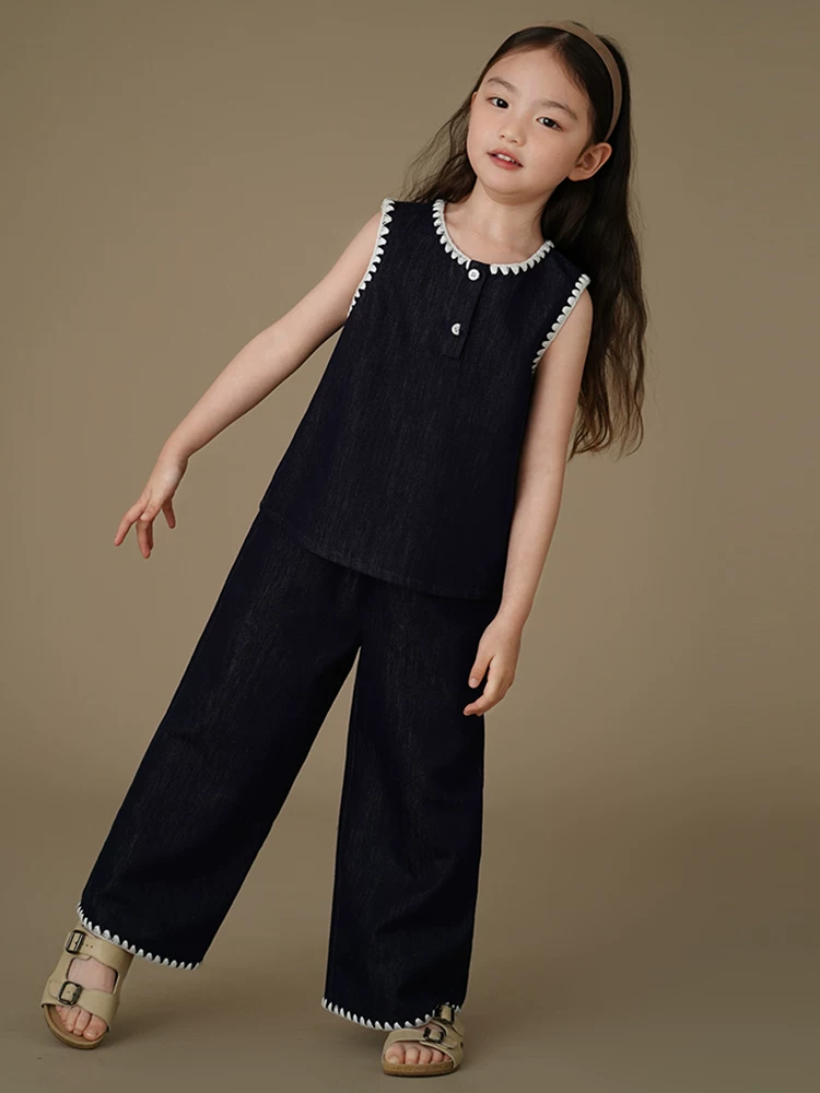 Quần trẻ em thường ngày mỏng đơn giản thoáng khí quần denim giặt quần thẳng cho bé gái phong cách mới mùa xuân và mùa thu