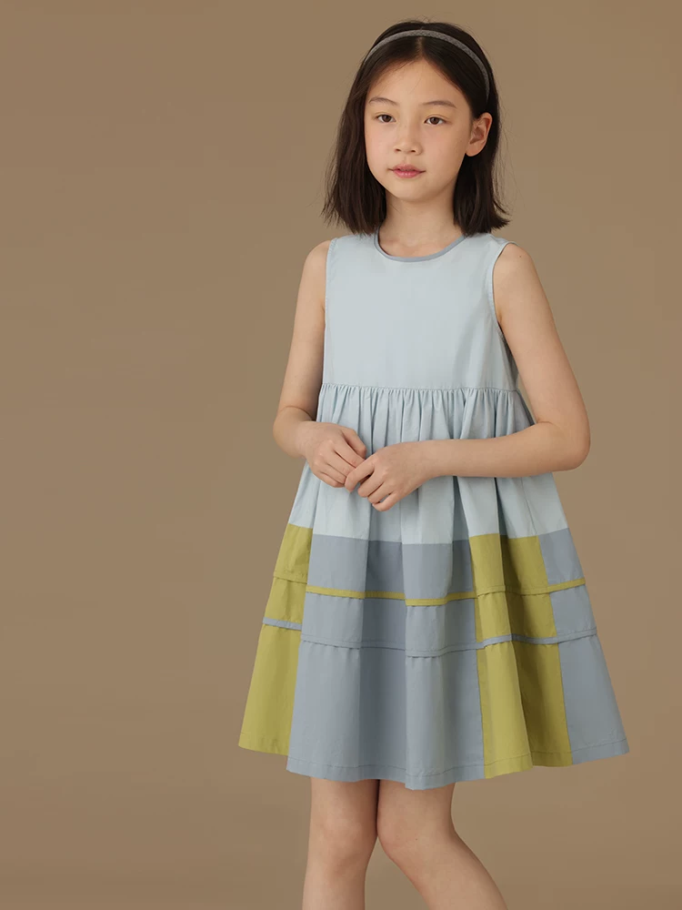 Váy vest mùa hè cho bé gái phối màu xanh dương và xanh lá, váy mùa hè mỏng cho bé gái.