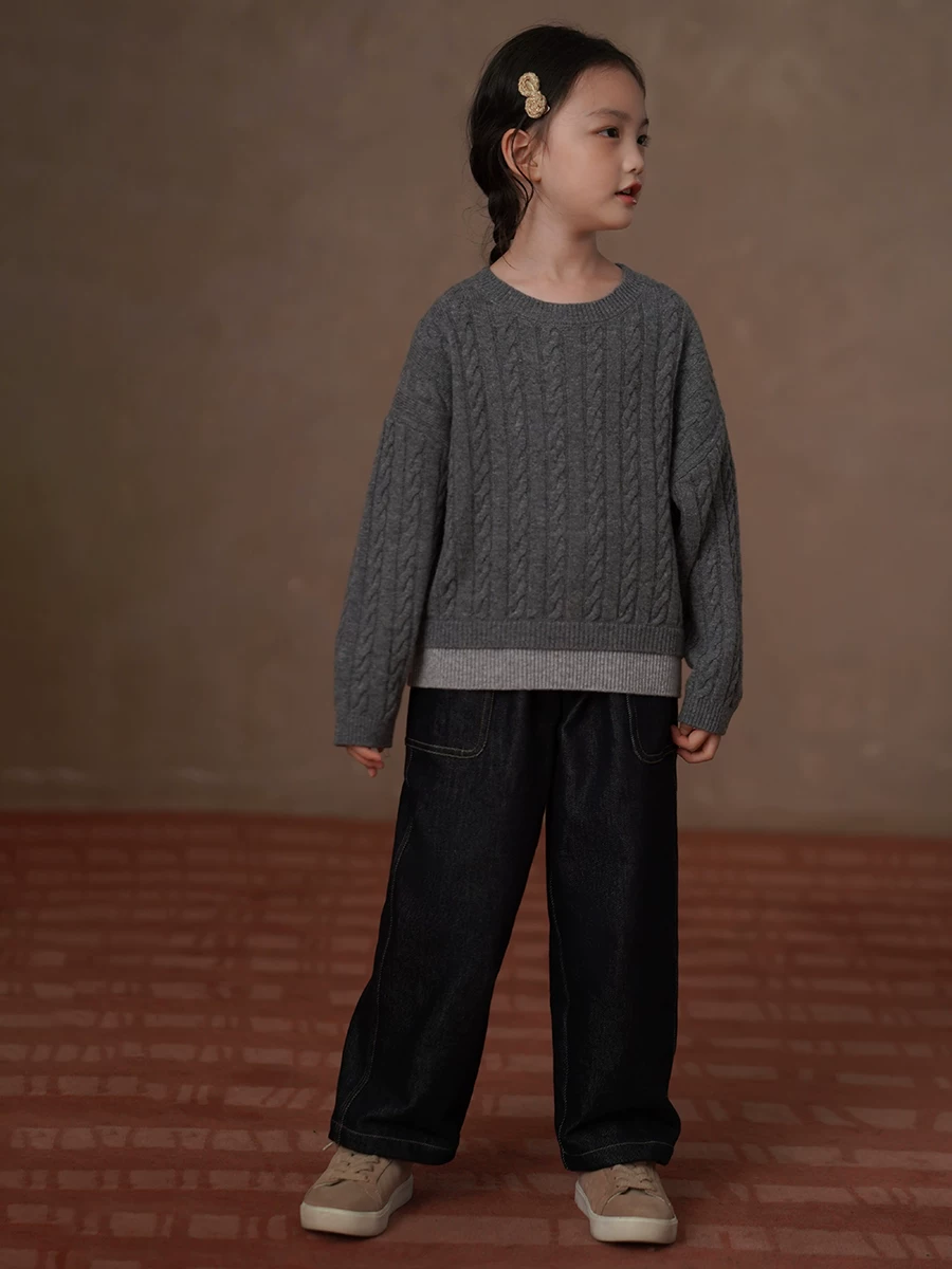 Quần denim mùa đông cho trẻ em có lớp lót lông cừu, quần dài ấm áp thường ngày cho bé trai và bé gái, quần ống rộng cho trẻ lớn hơn.