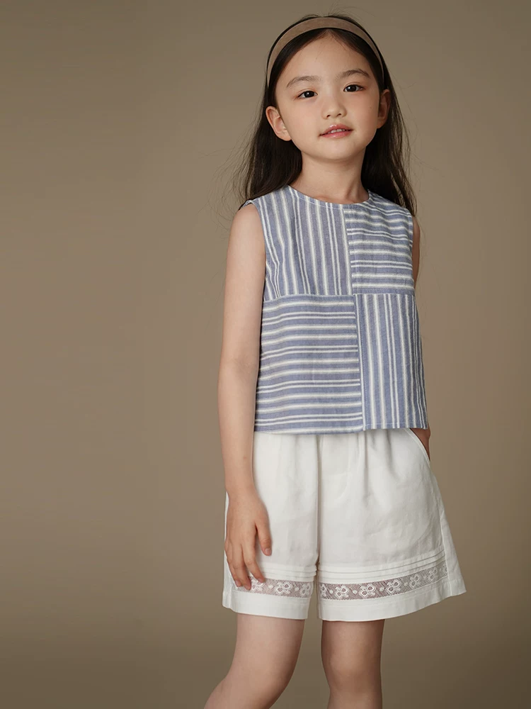 Quần áo trẻ em Áo sơ mi sọc xanh phong cách Nhật Bản Áo ba lỗ bé gái cotton thân thiện với da Trang phục mùa hè cho bé gái phong cách mới