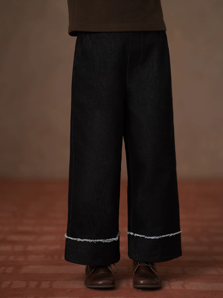Quần denim mùa đông cho trẻ em, quần dài đen đơn giản, phong cách thường ngày dành cho bé gái, quần ống thẳng có lớp lót lông cừu giữ ấm.