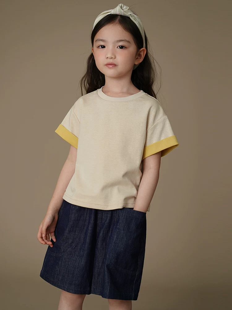Áo thun ngắn tay mỏng mùa hè cho bé trai và bé gái, áo dệt kim, trang phục mùa hè màu mơ đơn giản cho trẻ lớn.