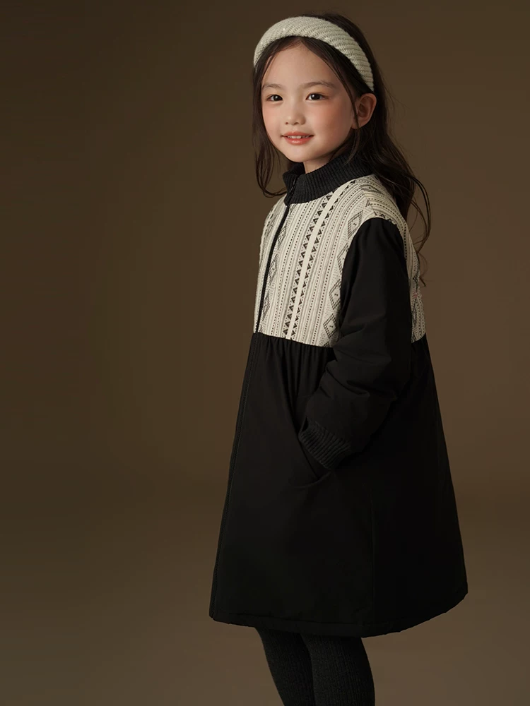 Áo khoác có đệm cho trẻ em Áo khoác cotton dày dặn ấm áp mùa đông dài vừa phải cho bé gái Quần áo mùa đông phong cách phối màu