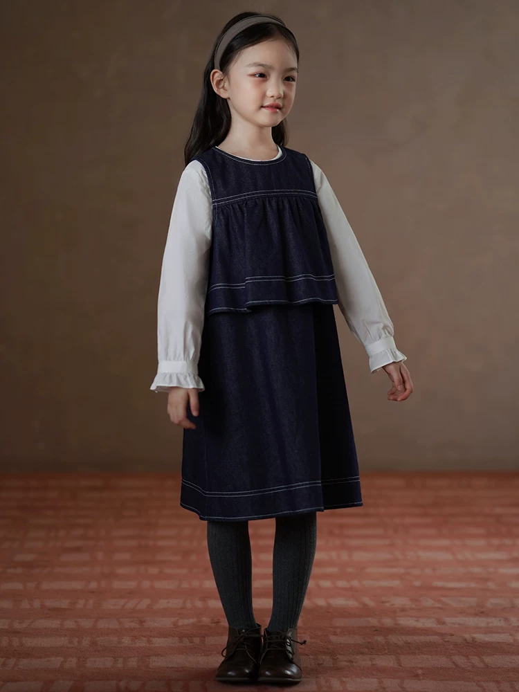 Quần áo trẻ em mùa xuân thu váy trẻ em dài vừa phải váy hai dây phong cách Nhật Bản váy denim giả hai mảnh cho bé gái thường ngày đa năng