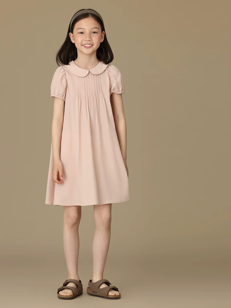 Mùa hè màu hồng ngọt ngào phong cách tươi mới cổ búp bê váy công chúa trẻ em váy ngắn tay dành cho cha mẹ và con gái