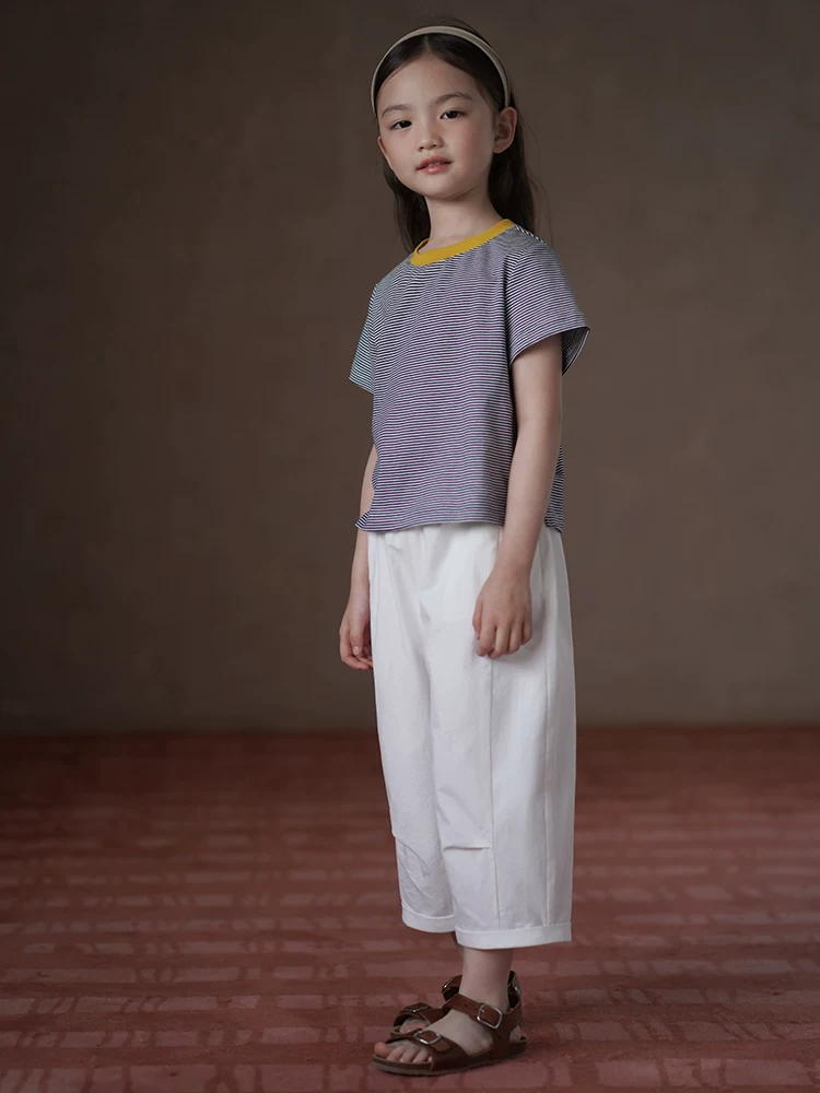 Quần áo trẻ em mùa hè quần ống rộng mỏng cho bé gái, quần chín phần, quần dài cotton trắng dáng rộng thoải mái cho bé gái