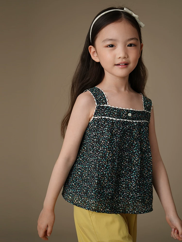 Áo mỏng họa tiết hoa mùa hè cho trẻ em, áo yếm cho bé gái, áo sơ mi cơ bản kiểu cổ điển cho bé gái.