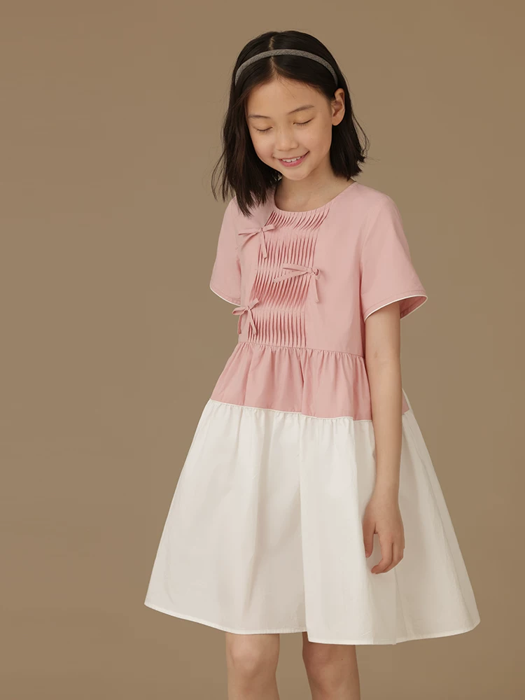 Quần áo trẻ em váy chắp vá màu hồng và trắng trẻ em mùa hè mới cotton mặc mùa hè váy ngắn tay mỏng cho bé gái